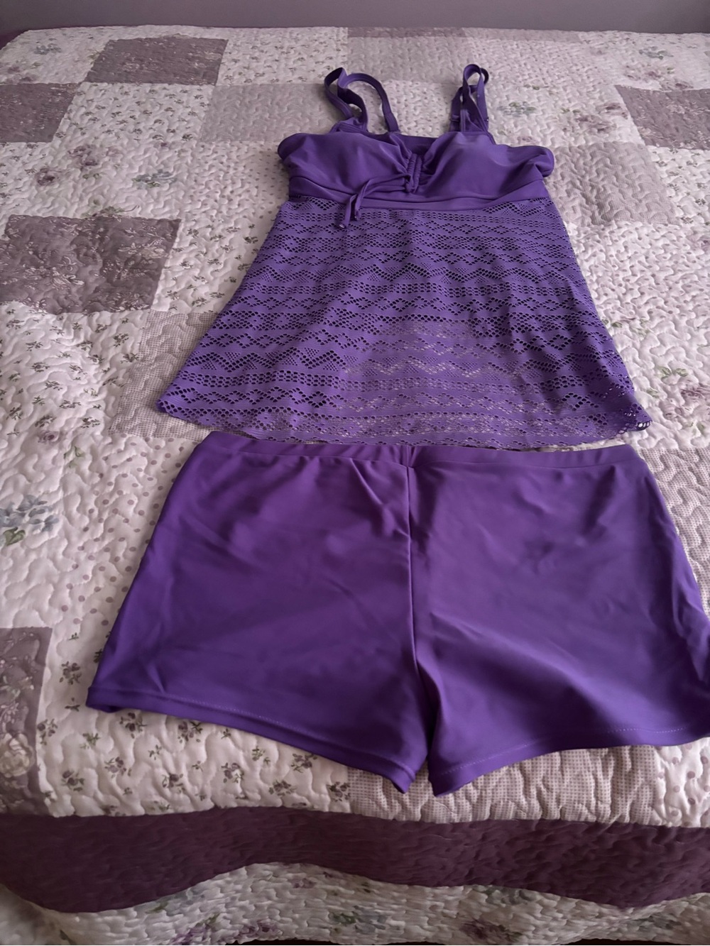 Purple Women's Lace Tankini Top and Swim Shorts Set